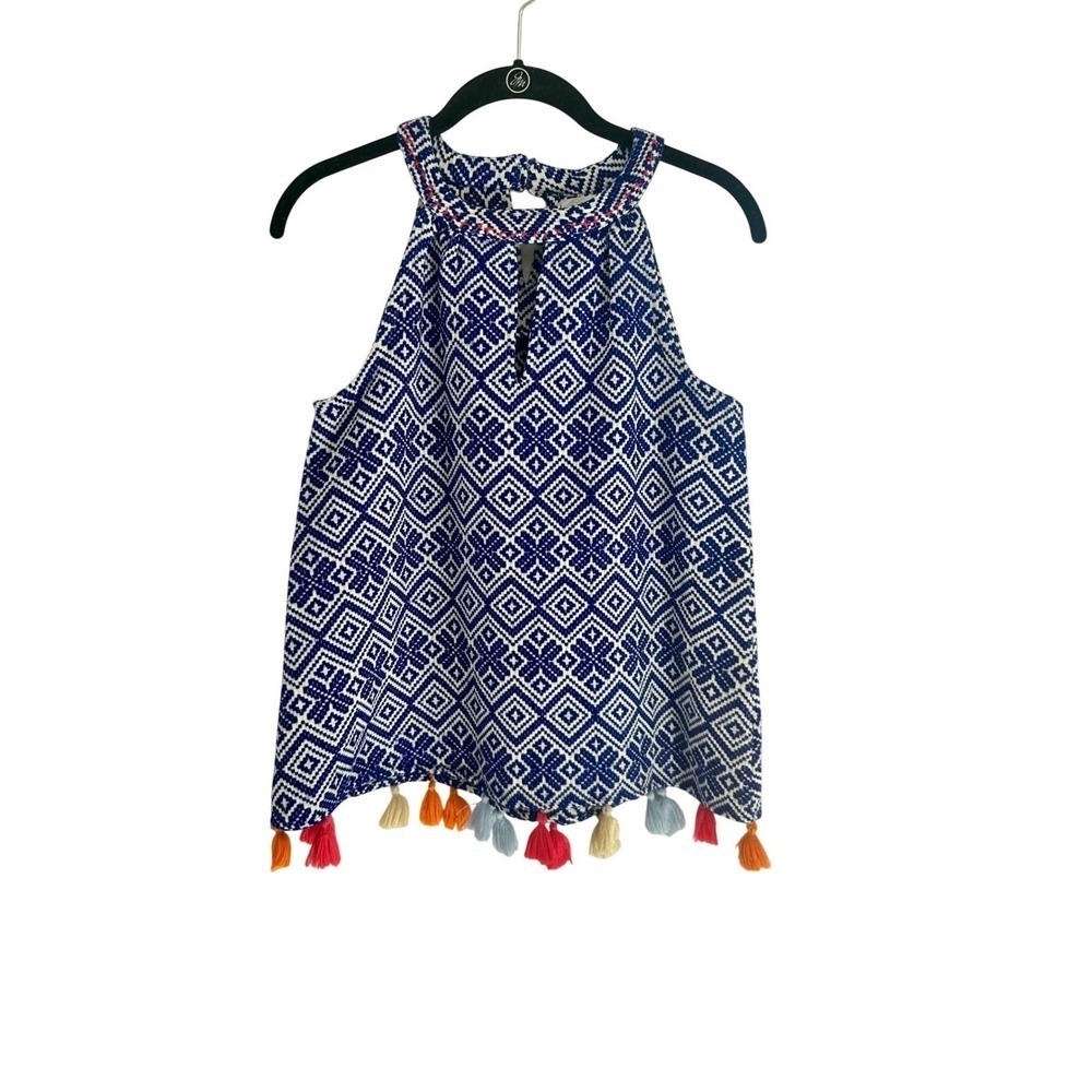 THML Women Blue White Geometric Halter Top Tassel Hem Boho Sleeveless XS